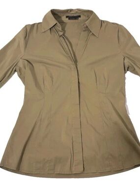BCBGMAXAZRIA XS Office Siren Button Up Khaki Beige Blouse Retro workwear